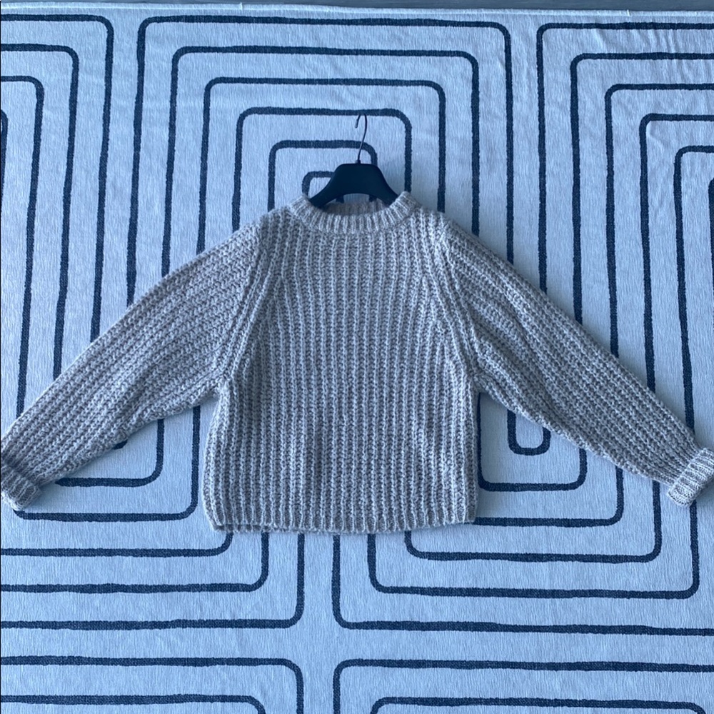 Club Monaco Stylish Tan Crewneck Sweater Top with Ribbed Texture